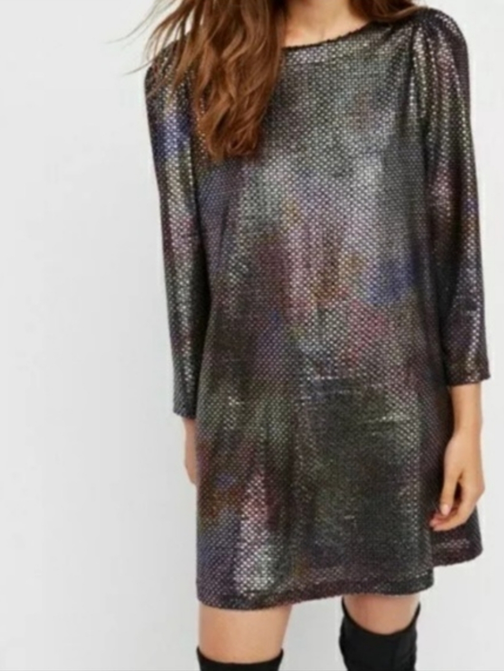 Free People Metallic Mesh Long Sleeve Mini Dress - Black with Iridescent Hues